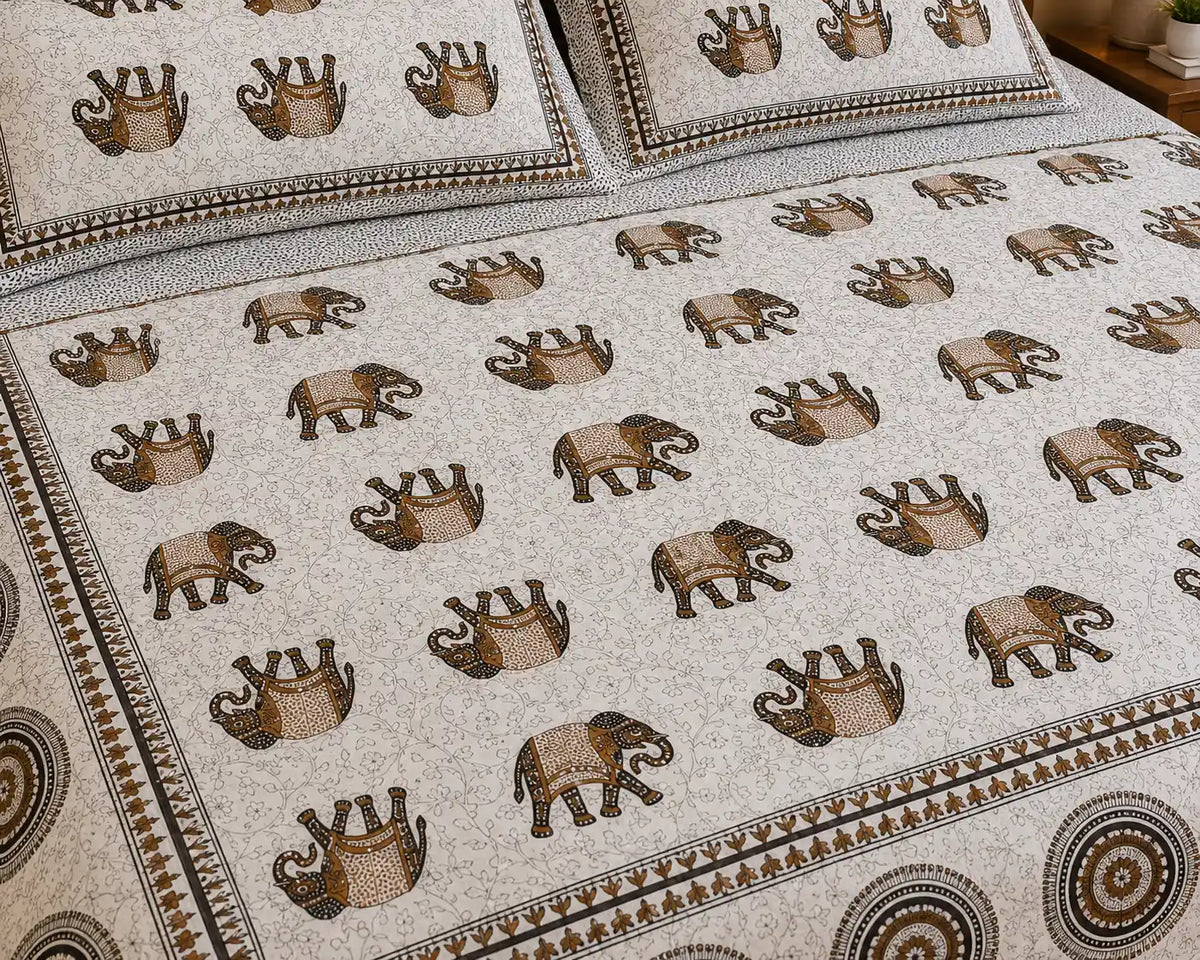 Jaipuri Gaj Booti Bedsheet Set | Ethnic Elephant Print Cotton Bed Sheet with 2 Pillow Covers (108x108 super king size)