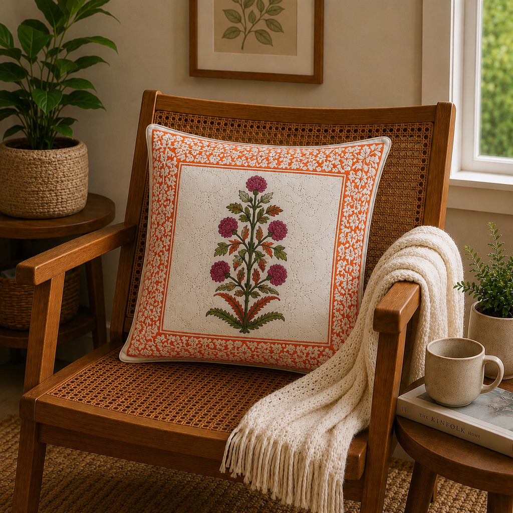 Maru Phool Hand Block Print Cushion Cover – 16x16 Inch | Floral Cotton Pillow Cover | Jaipur Artisan Design