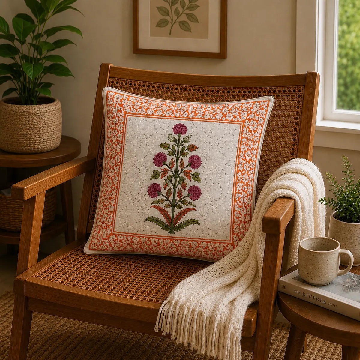 Maru Phool Hand Block Print Cushion Cover – 16x16 Inch | Floral Cotton Pillow Cover | Jaipur Artisan Design