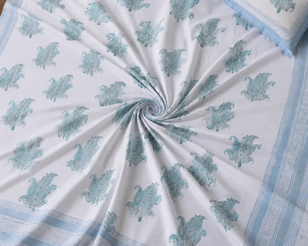 Hand Block Printed 100% Cotton Bedsheet with 2 Pillow Covers | NEEMRANA NEEL | Super King Size (108×108 in)