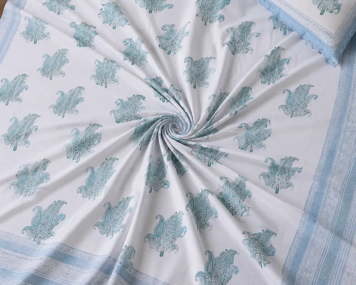 Hand Block Printed 100% Cotton Bedsheet with 2 Pillow Covers | NEEMRANA NEEL | Super King Size (108×108 in)