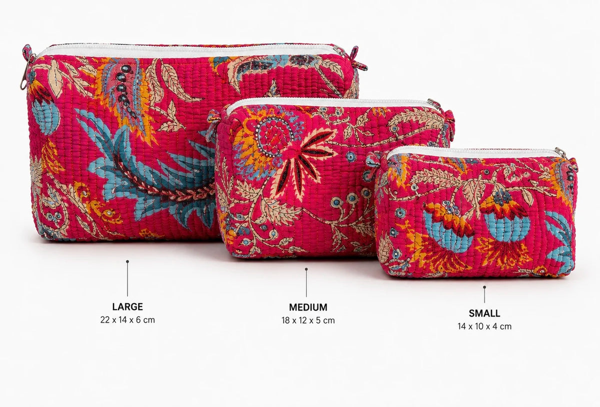 Hand Block Print Quilted Cotton Pouch Set of 3 | Gulmohar Pink Floral Travel Makeup & Toiletry Organizer