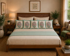 Lotus Floral Jaal Design - Hand Block Print Cotton Cushion Cover 16x16 Inch | Handmade Jaipur Pillow Cover | Aqua Green Border