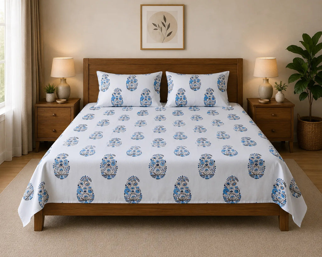 Sham-e-Bahaar Premium Aqua Blue Floral Handblock Print Cotton Bedsheet with 2 Pillow Covers (108x108 Super King Size)
