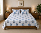 Sham-e-Bahaar Premium Aqua Blue Floral Handblock Print Cotton Bedsheet with 2 Pillow Covers (108x108 Super King Size)