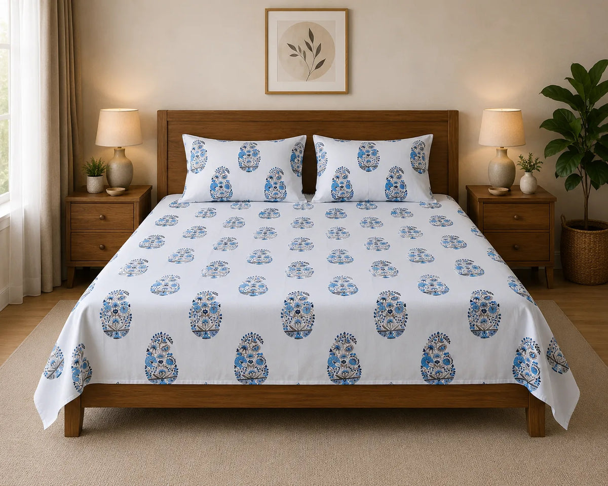 Sham-e-Bahaar Premium Aqua Blue Floral Handblock Print Cotton Bedsheet with 2 Pillow Covers (108x108 Super King Size)