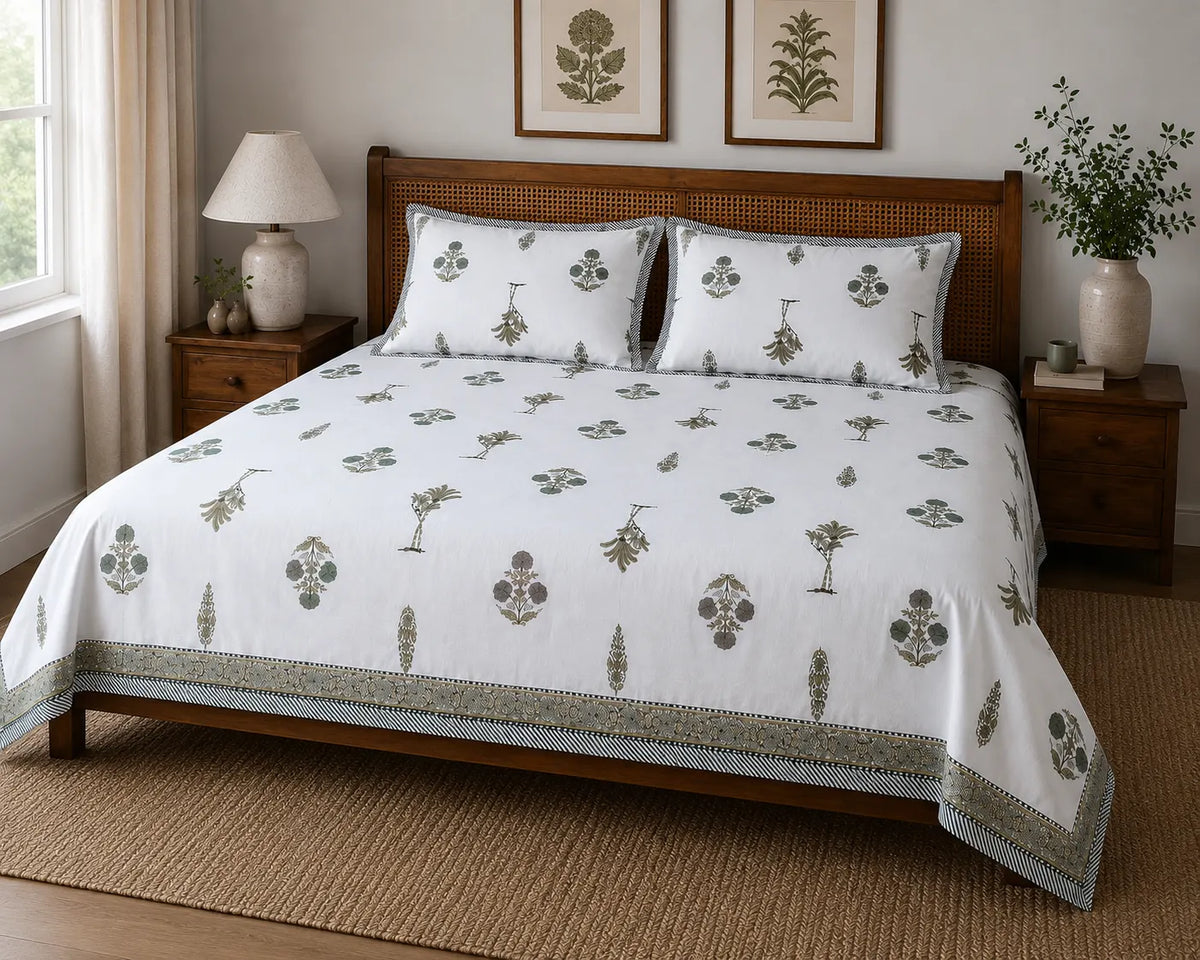 Vrindavan Vriksha Booti Cotton Bedsheet with 2 Pillow Covers | Premium Jaipuri Floral Print |(108x108 super king size)
