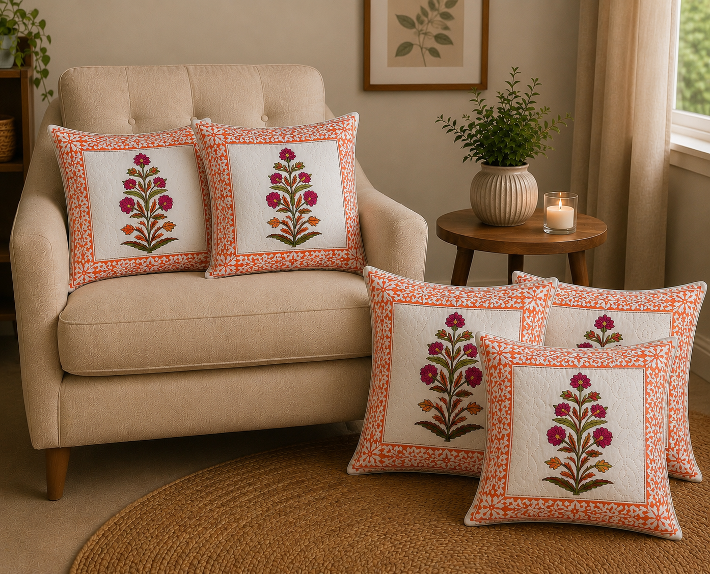 Maru Phool Hand Block Print Cushion Cover – 16x16 Inch | Floral Cotton Pillow Cover | Jaipur Artisan Design