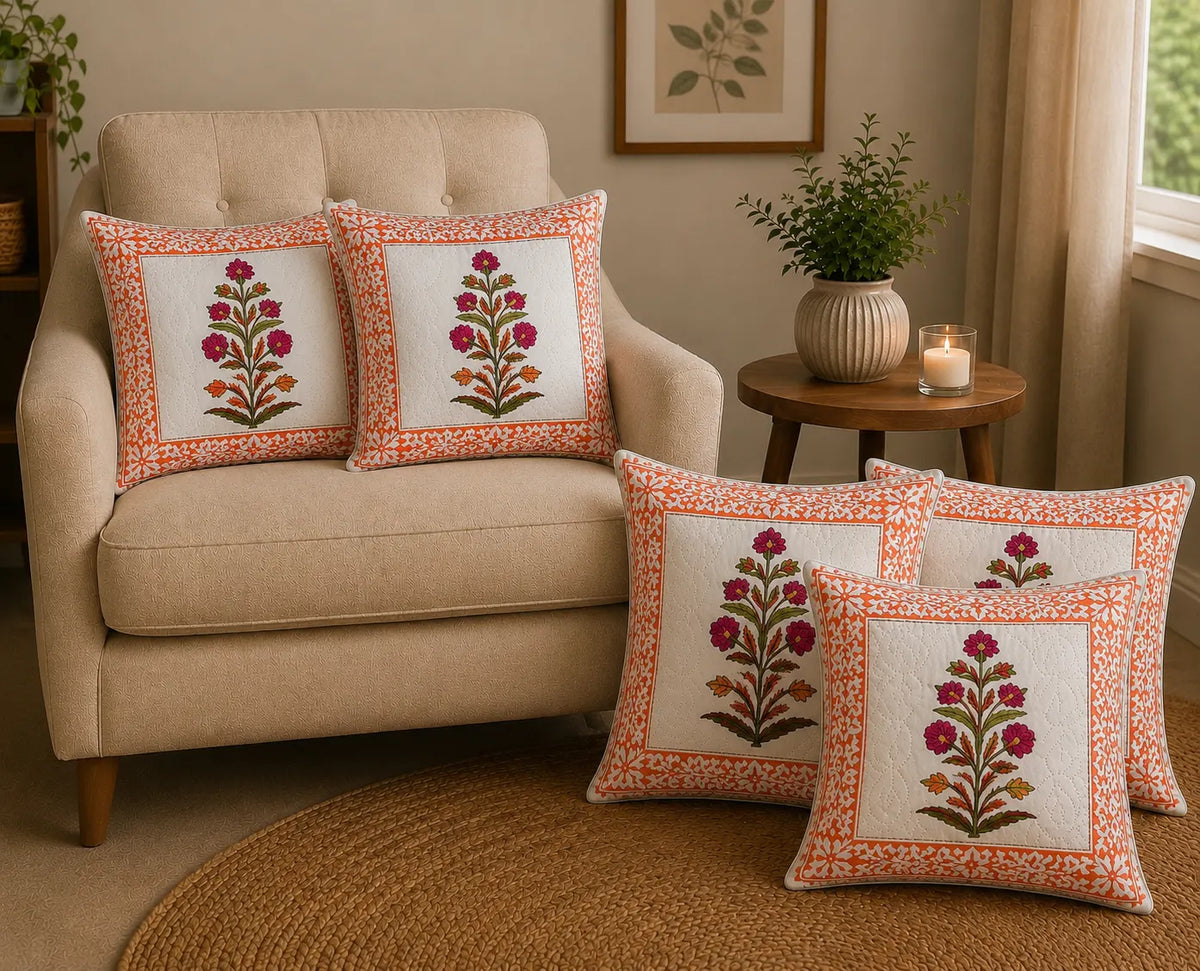 Maru Phool Hand Block Print Cushion Cover – 16x16 Inch | Floral Cotton Pillow Cover | Jaipur Artisan Design