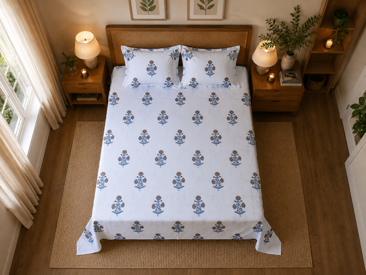 Royal Golden Brown Marigold Jaipuri Handblock Print Mulmul Cotton Bedsheet with 2 Pillow Covers (108x108 Super King Size)