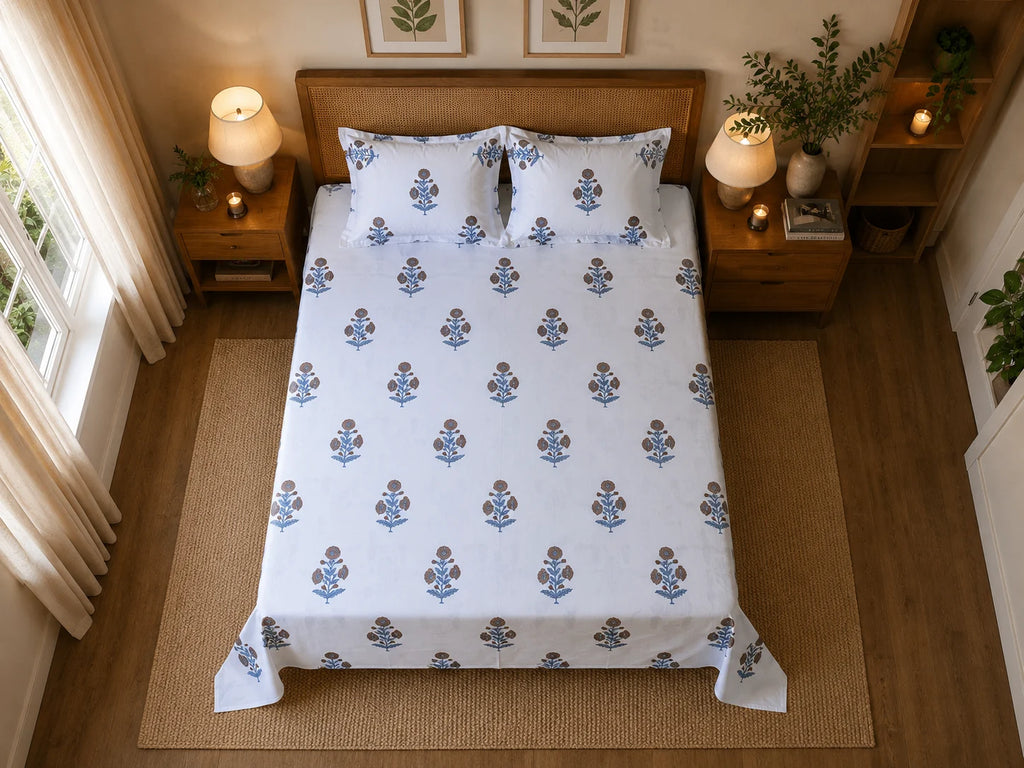 Royal Golden Brown Marigold Jaipuri Handblock Print Mulmul Cotton Bedsheet with 2 Pillow Covers (108x108 Super King Size)