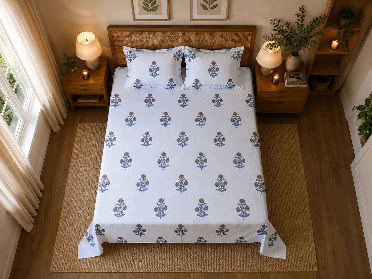 Royal Golden Brown Marigold Jaipuri Handblock Print Mulmul Cotton Bedsheet with 2 Pillow Covers (108x108 Super King Size)