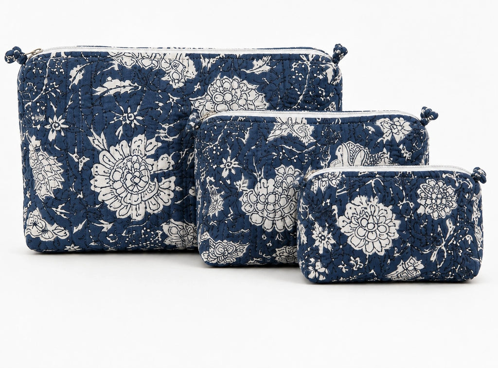 Hand Block Print Quilted Cotton Pouch Set of 3 | Indigo Blue Floral Travel Makeup & Toiletry Organizer