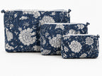 Hand Block Print Quilted Cotton Pouch Set of 3 | Indigo Blue Floral Travel Makeup & Toiletry Organizer