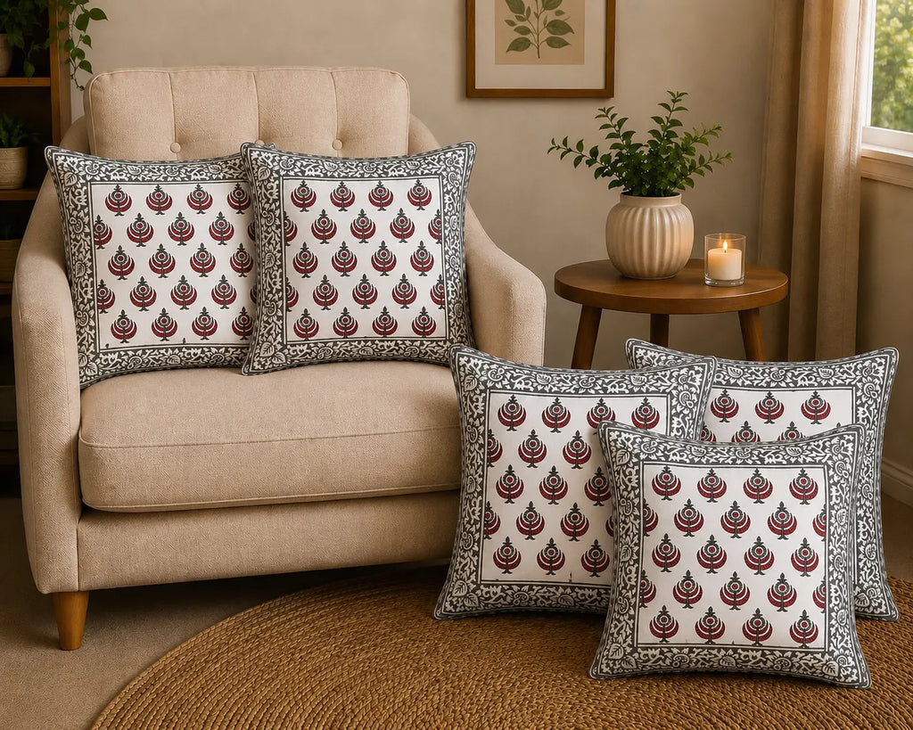 Anaar Bagh Hand Block Print Cushion Cover – 16x16 Inch | Floral Cotton Pillow Cover | Jaipur Artisan Design
