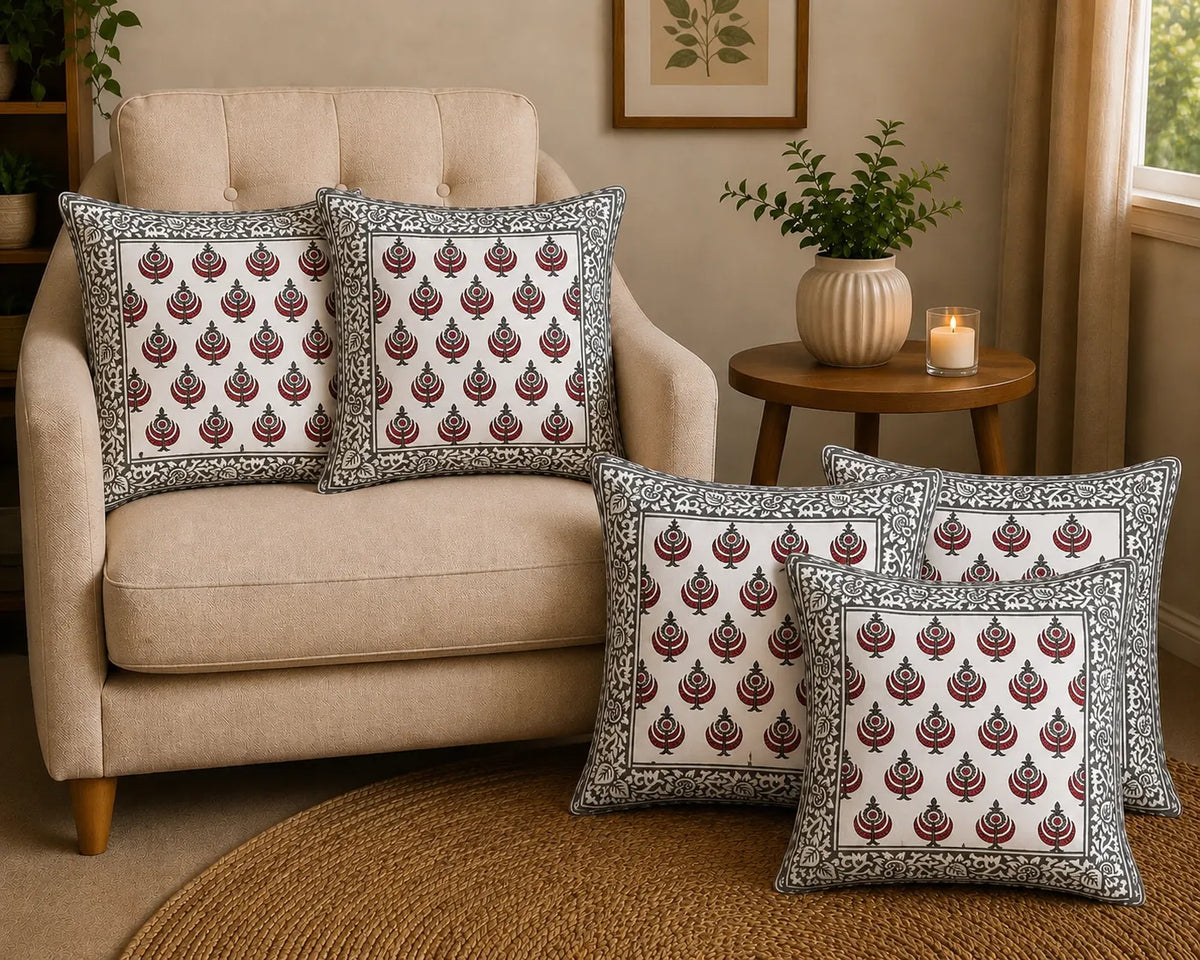 Anaar Bagh Hand Block Print Cushion Cover – 16x16 Inch | Floral Cotton Pillow Cover | Jaipur Artisan Design