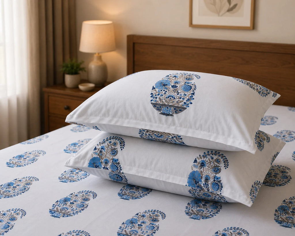 Sham-e-Bahaar Premium Aqua Blue Floral Handblock Print Cotton Bedsheet with 2 Pillow Covers (108x108 Super King Size)