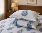 Sham-e-Bahaar Premium Aqua Blue Floral Handblock Print Cotton Bedsheet with 2 Pillow Covers (108x108 Super King Size)