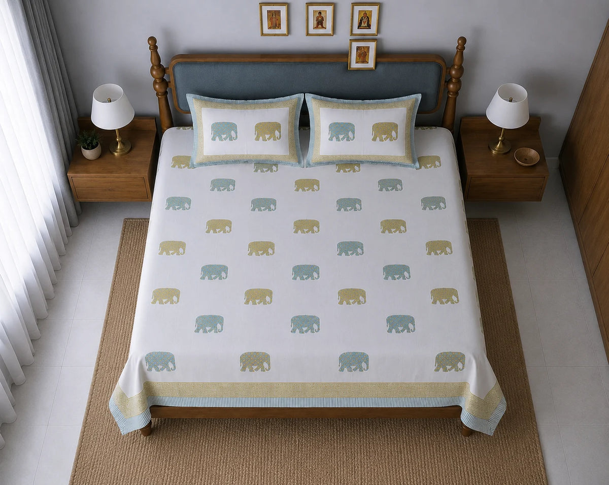 Gajraj Handblock Print Mustard & Sea Green Premium Cotton Bedsheet with 2 Pillow Covers (108x108 super king size)