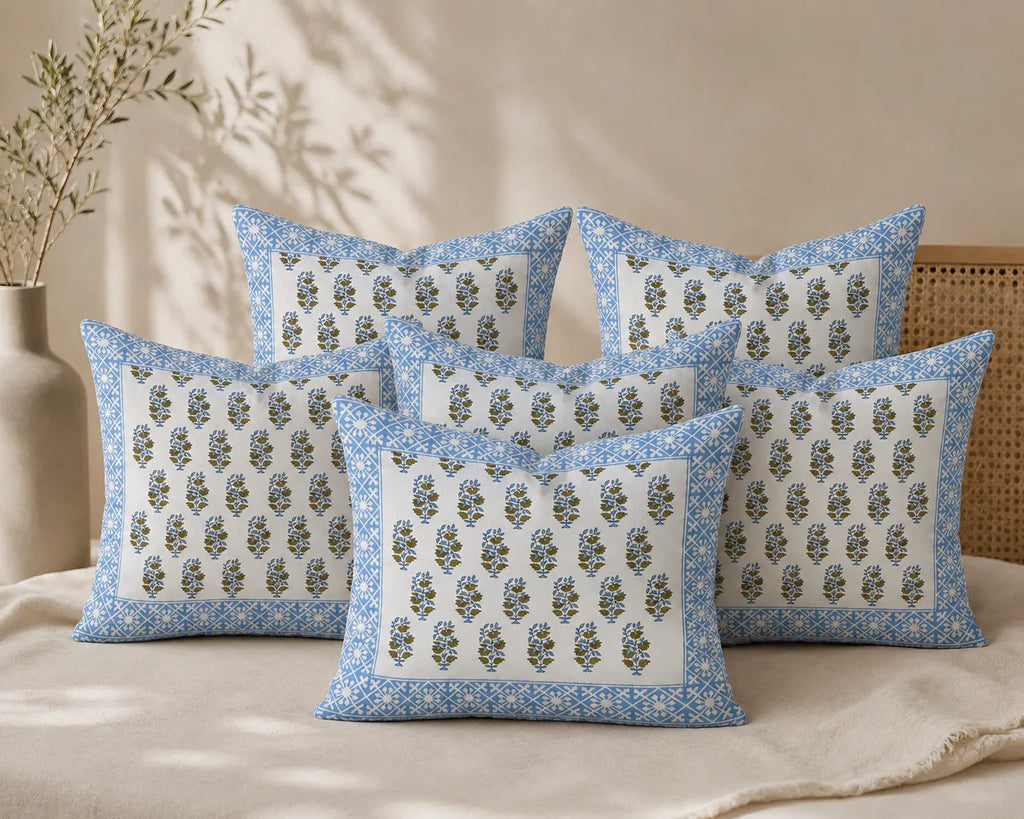 Neel Amber Hand Block Print Cushion Cover – 16x16 Inch | Floral Cotton Pillow Cover | Jaipur Artisan Design