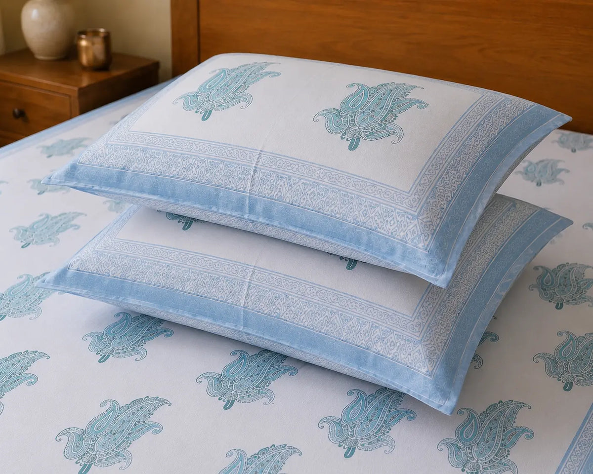 Hand Block Printed 100% Cotton Bedsheet with 2 Pillow Covers | NEEMRANA NEEL | Super King Size (108×108 in)