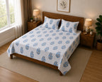 Sham-e-Bahaar Premium Aqua Blue Floral Handblock Print Cotton Bedsheet with 2 Pillow Covers (108x108 Super King Size)