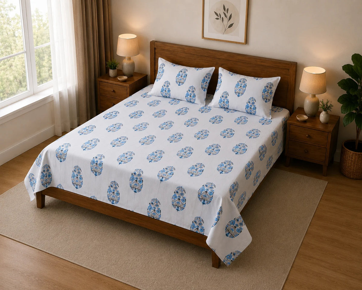 Sham-e-Bahaar Premium Aqua Blue Floral Handblock Print Cotton Bedsheet with 2 Pillow Covers (108x108 Super King Size)