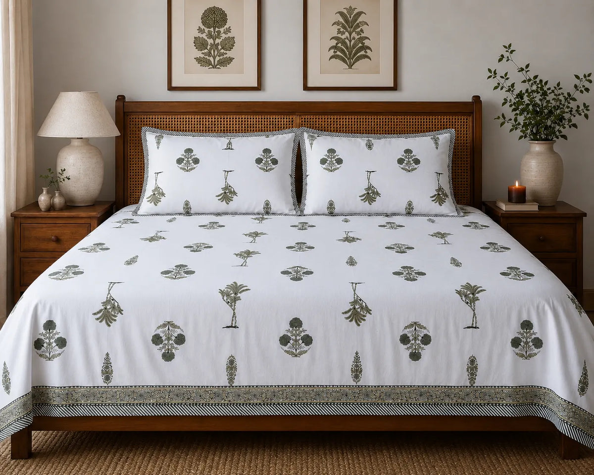 Vrindavan Vriksha Booti Cotton Bedsheet with 2 Pillow Covers | Premium Jaipuri Floral Print |(108x108 super king size)