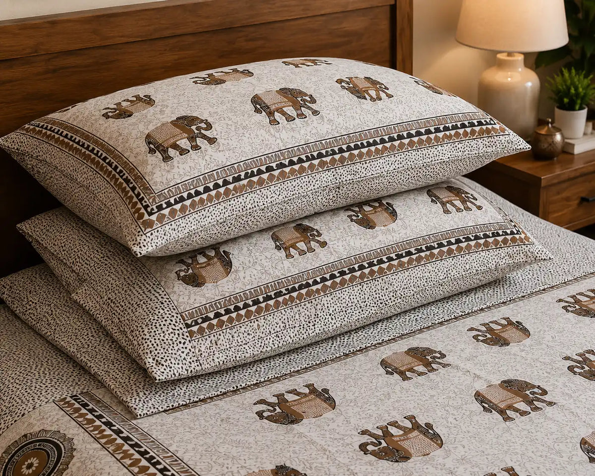 Jaipuri Gaj Booti Bedsheet Set | Ethnic Elephant Print Cotton Bed Sheet with 2 Pillow Covers (108x108 super king size)