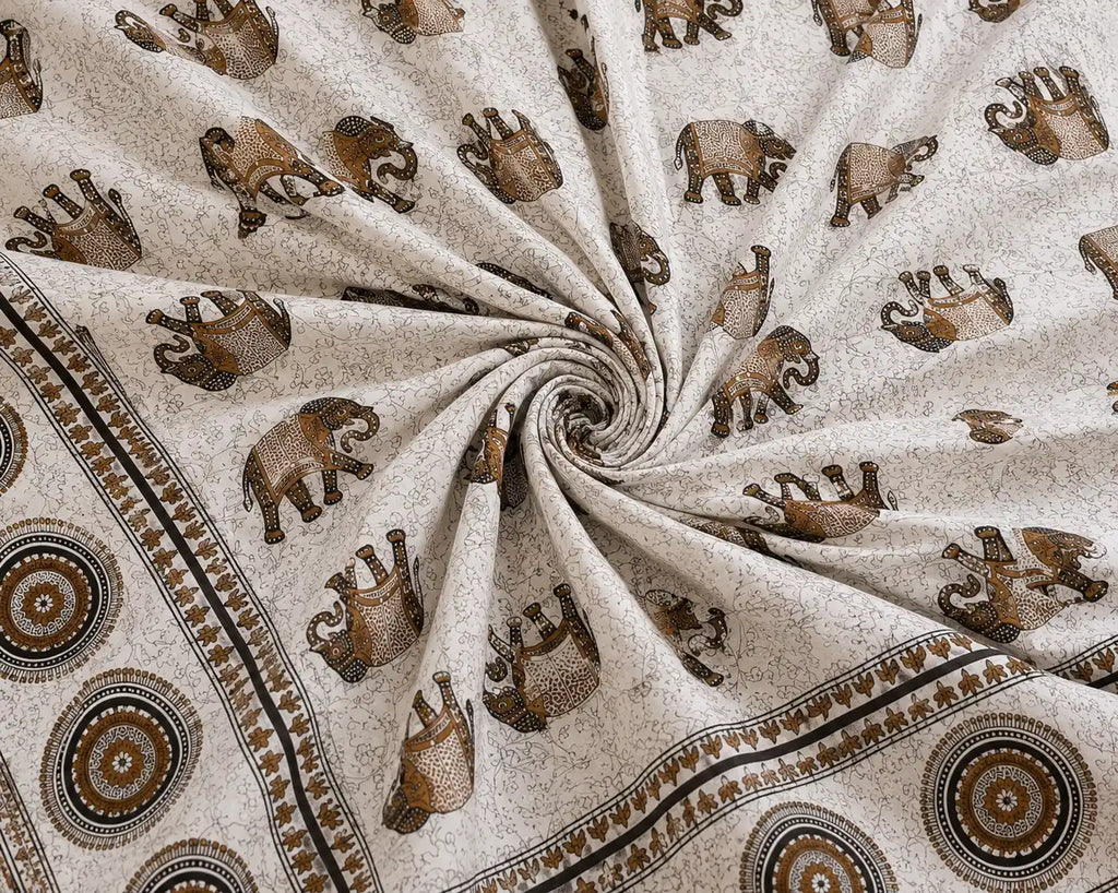 Jaipuri Gaj Booti Bedsheet Set | Ethnic Elephant Print Cotton Bed Sheet with 2 Pillow Covers (108x108 super king size)