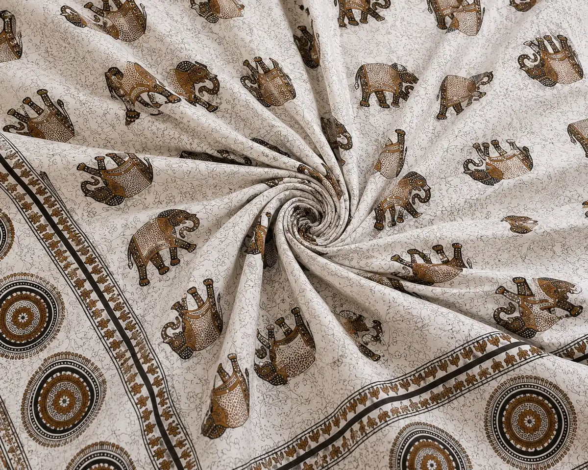 Jaipuri Gaj Booti Bedsheet Set | Ethnic Elephant Print Cotton Bed Sheet with 2 Pillow Covers (108x108 super king size)