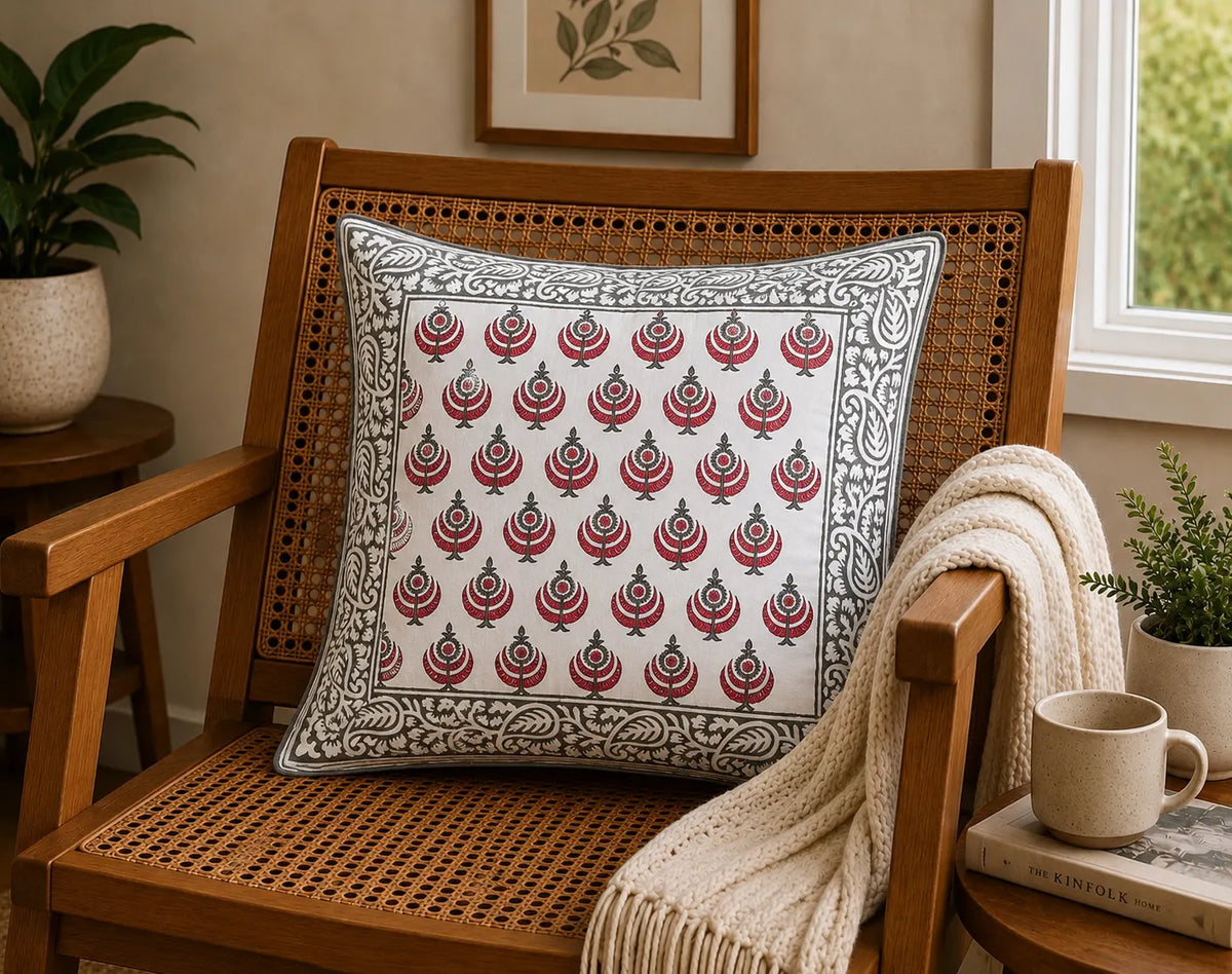Anaar Bagh Hand Block Print Cushion Cover – 16x16 Inch | Floral Cotton Pillow Cover | Jaipur Artisan Design