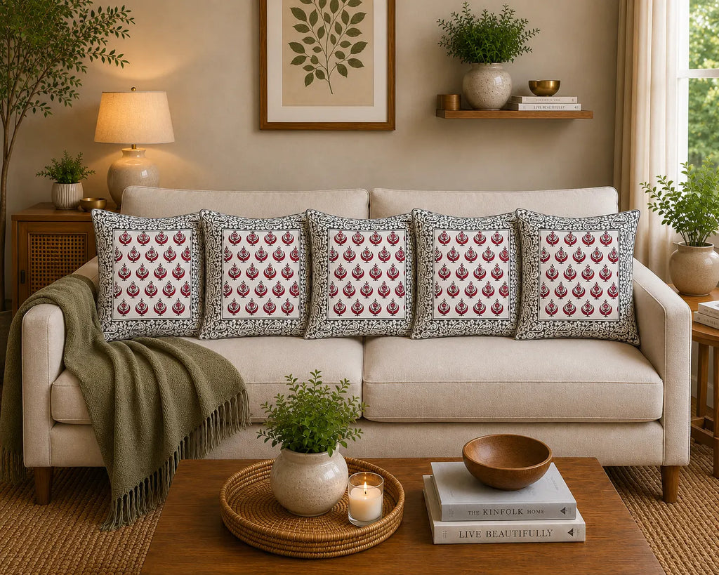 Anaar Bagh Hand Block Print Cushion Cover – 16x16 Inch | Floral Cotton Pillow Cover | Jaipur Artisan Design