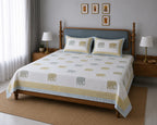 Gajraj Handblock Print Mustard Yellow & Powder Blue Premium Cotton Bedsheet with 2 Pillow Covers (108x108 super king size)
