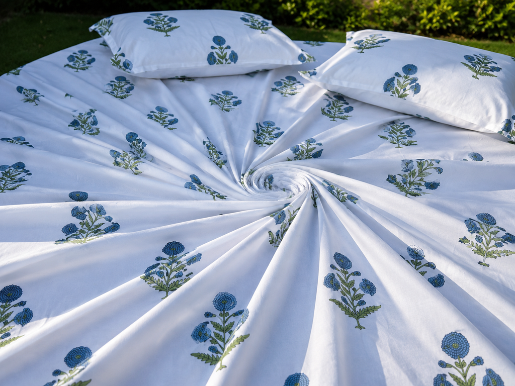 Royal Blue Marigold Jaipuri Handblock Print Mulmul Cotton Bedsheet with 2 Pillow Covers (108x108 Super King Size)