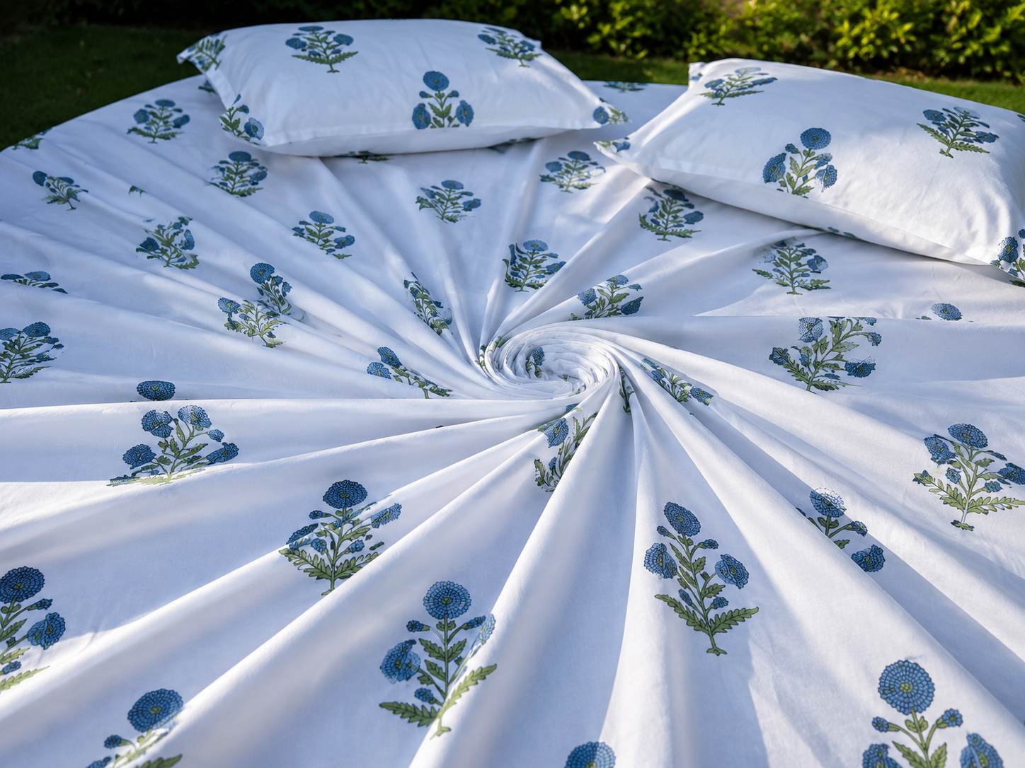 Royal Blue Marigold Jaipuri Handblock Print Mulmul Cotton Bedsheet with 2 Pillow Covers (108x108 Super King Size)