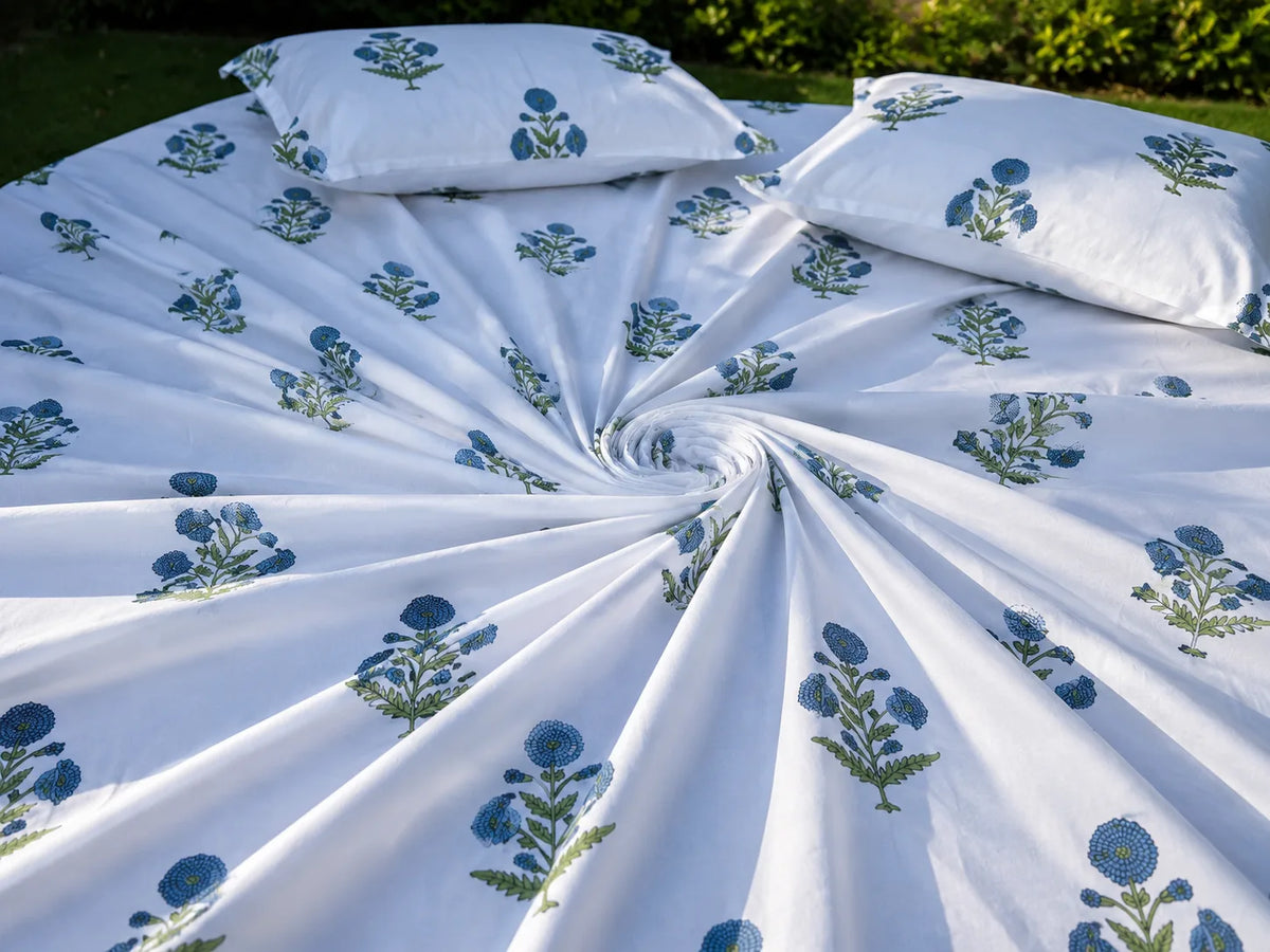 Royal Blue Marigold Jaipuri Handblock Print Mulmul Cotton Bedsheet with 2 Pillow Covers (108x108 Super King Size)