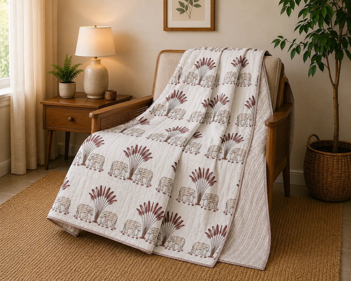 Gaj Vatika Hand Block Print Reversible Single Bed Dohar | 100% Cotton | Soft Lightweight Quilt