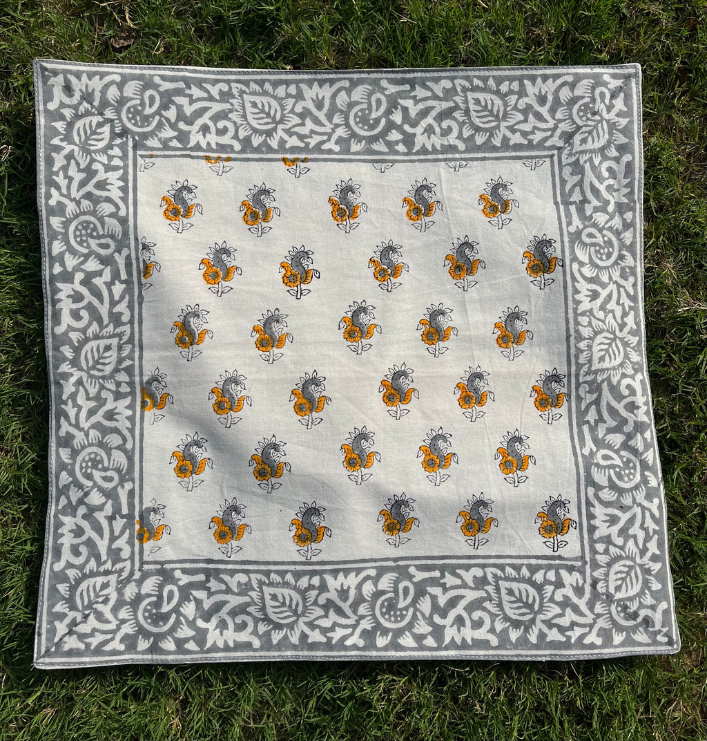 Sanganeri Noor Hand Block Print Cushion Cover 16x16 Inch | Premium Cotton | Grey Floral Border